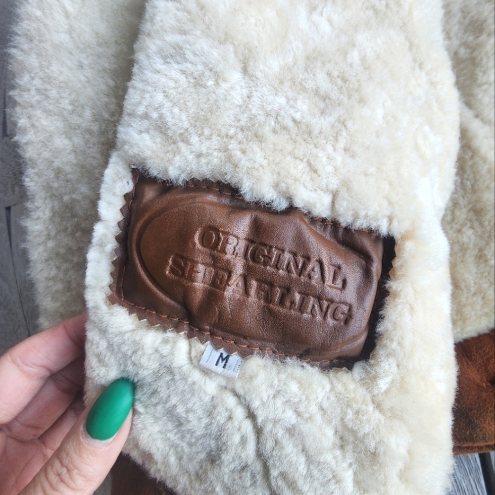 Vintage Cognac Womens Crop Shearling Bomber Jacket | SZ M - Picture 4 of 5